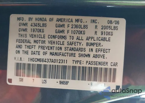 2007 Honda Accord 3.0 Se from USA, damaged, VIN 1HGCM66437A012311